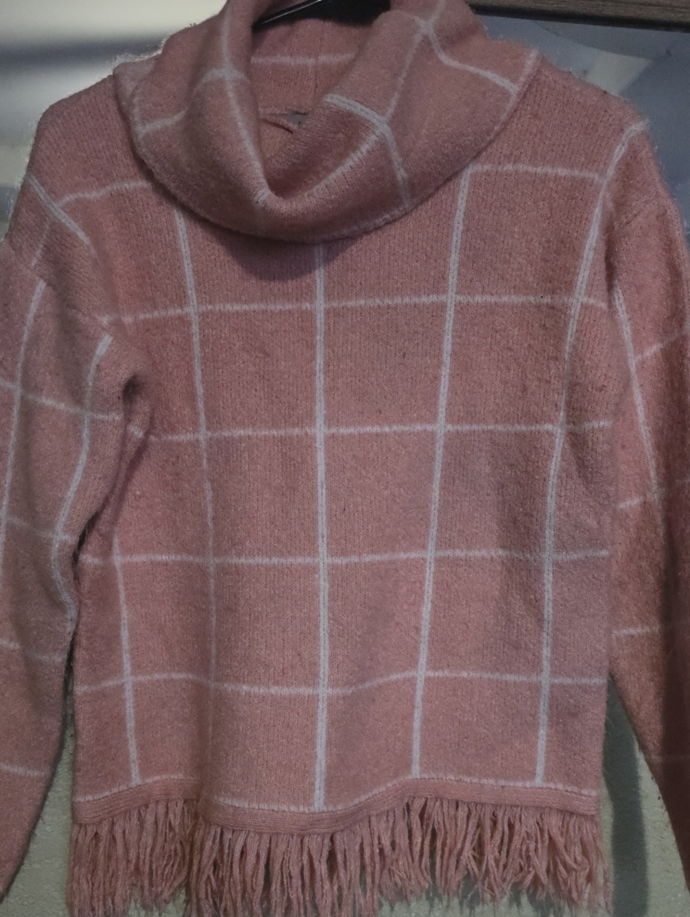 Women's Pink Windowpane Fringe Cowl Neck Sweater